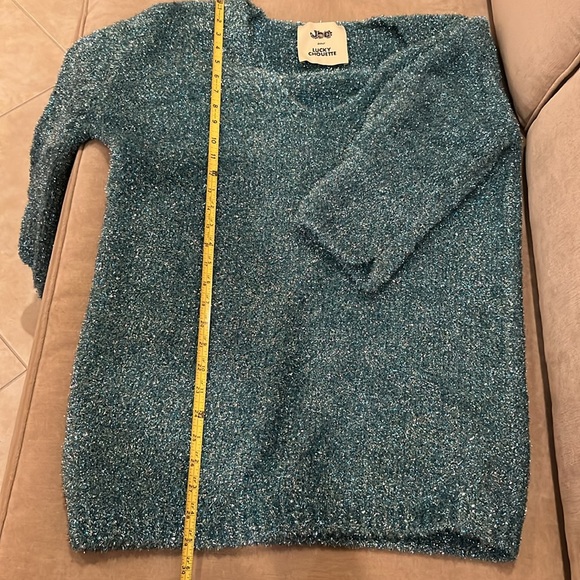 Lucky Chouette Sweater V-Neck Blue Silver Shiny Tinsel Sparkly Large Korea - Picture 14 of 15